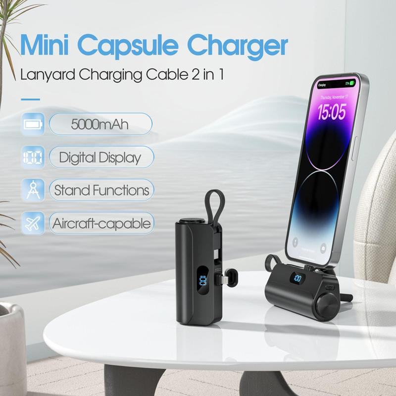 5000Mah Portable Power Bank for Fall, Mini Cute Power Bank with LED Digital Display, Portable Charger with Cable Compatible with Samsung & Iphone 14/Iphone 13/Iphone 12/12Pro Series